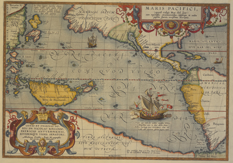 Double-page coloured engraved map. The map is titled 'MARIS PACIFICI' and it depicts north and south America and Pacific islands, including New Guinea, the Philippines, Japan and Australia. The map also includes illustrations of sailing ships.