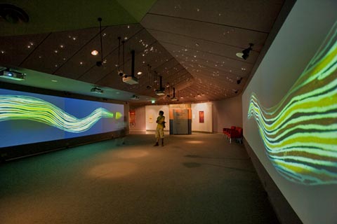 Image of a woman standing in the welcome space of the First Australians gallery. The Seven Sisters constellation lighting installation is visible in the ceiling.