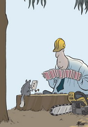 Cartoon of a Logger playing cards on a tree stump with a possum.
