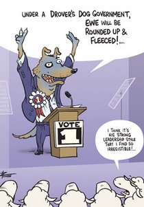 Cartoon of a dog who is running for parliament standing at a podium addressing sheep.