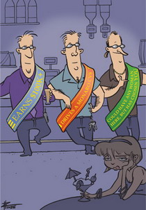 Cartoon of three men leaning on a bar in a nightclub, wearing sashes with their 'attributes' on them.
