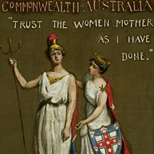 Poster depicting banner with illustration of two women representing Britain and Australia
