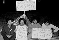 Aboriginal Tent Embassy four young men sit in front of a beach umbrella at night holding up signs