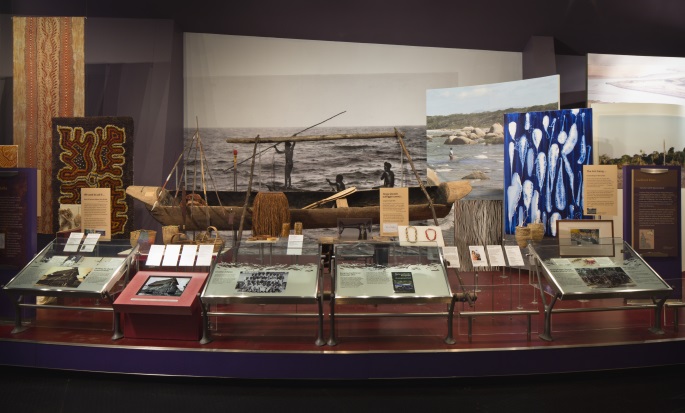 Museum display of various images and objects