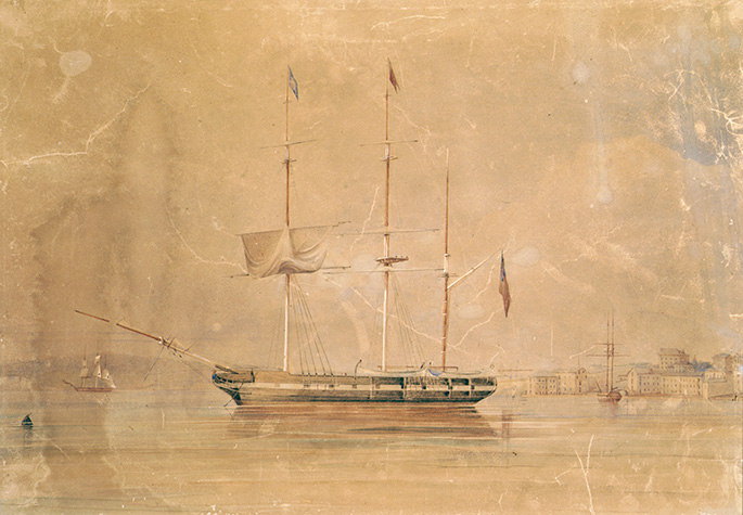 faded and damaged watercolour of a ship at anchor with what is likely to be Sydney in the background. Two other ships are visible in the background.