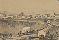 Bathurst : lithograph showing a creek and a tree in the foreground with horse-drawn wagons. In the background is a small town made up of one- or two-storey white buildings