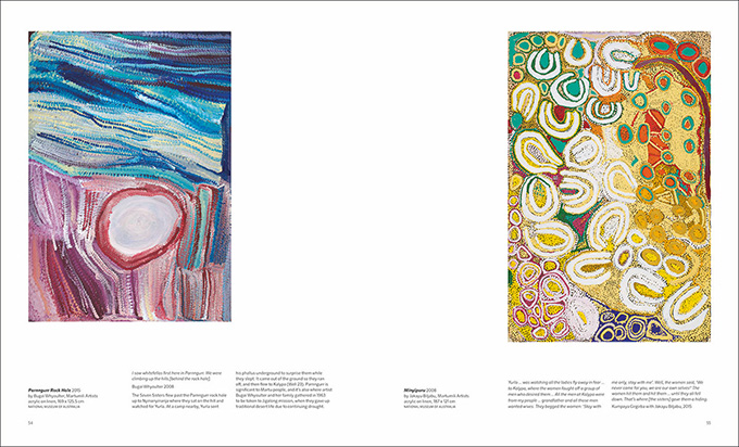 Songlines catalogue spread with images of 'Parnngurr Rock Hole' by Bugai Whyoulter and 'Minyipuru' by Jakayu Biljabu