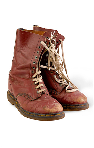 A pair of maroon leather Doc Martens boots