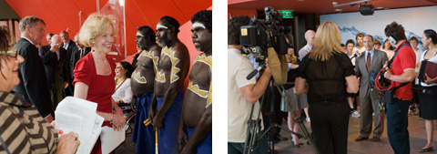 Two colour photographs, side by side. The photograph on the left a group of three Indigenous performers in traditional dress are on the right side of the photograph facing a group of conference attendees. The photograph on the right shows a film shoot. The camera operator is on the left side of the image, the performer in the centre of crowd of people looking on.
