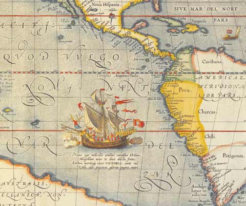 Detail from 'Maris Pacifici,' a coloured map showing a sailing ship off the coast of Peru.