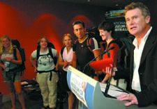 Backpackers join Director of Public Affairs Martin Portus to launch Aussie English for Beginners Book Two