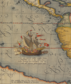 Coloured map image showing a wooden sailing ship floating off the coast of Peru.