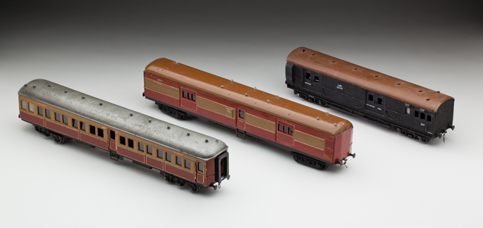 (l-r) New South Wales Railways ‘FS’ passenger car, guard van and ‘LHG’ freight brake van, made from aluminium and cast metals by Frederick Steward and associates