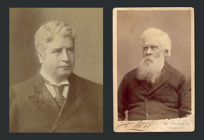 A photo compilation of two studio portraits of an old man with white hair and a bushy white beard and a middle aged man with light curly hair