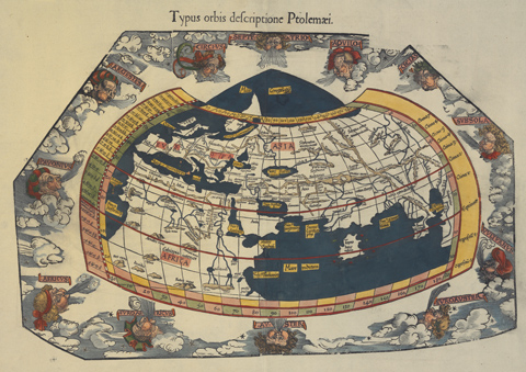 Coloured woodcut map - 'Typus orbis descriptione Ptolemaei'