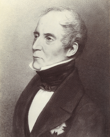 three-quarters portrait of a middle-aged man dressed in frock coat and cravat. A decoration of some kind on his left breast is concealed by the large lapels