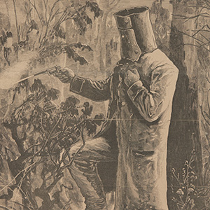 Newspaper with elaborate masthead. There is no text; just a woodcut image of Ned Kelly firing his revolver