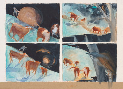 Four watercolour panels showing a human form with a round hay bale, several brown cows in a bush landscape and a bird perched in a tree.