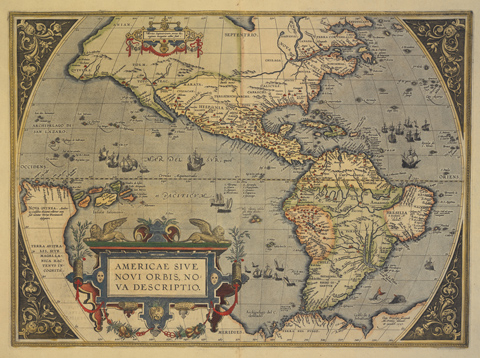 Hand-coloured copper engraving map of America, 1612 titled 'America sive novi orbis nova descriptio'.