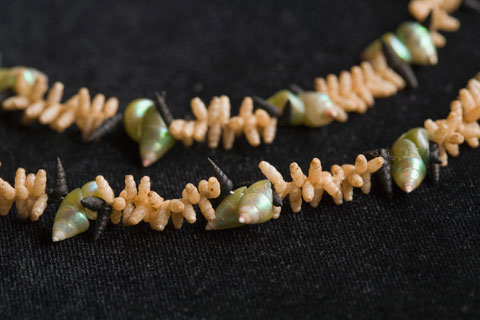A close-up photograph of a necklace showing the three different types of shells used in making it.
