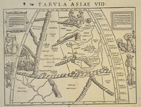 Black and white map of India and Central Asia reproduced around 1540, 'Tabula Asiae VIII'