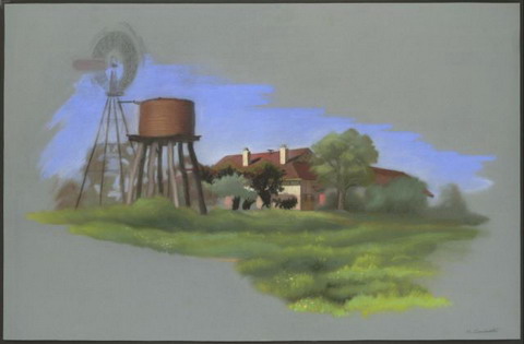 Colour sketch showing a windmill rising above a water tank and tower at left. A dwelling with two chimneys is partially obscured by trees. Green grass is abundant in the foreground, with a blue sky behind.