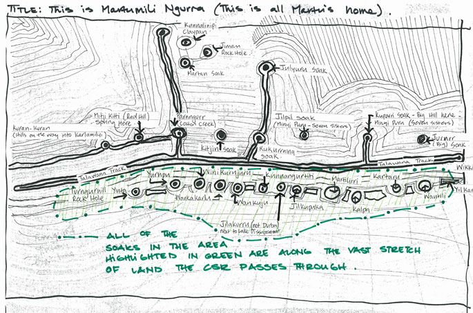 Annotated diagram of Martumili Ngurra, by Gabrielle Sullivan, Martumili Artists, identifying key soaks and sites depicted in the painting.