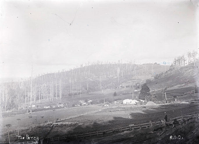 Scenery shot of Weardale, which is commonly called 'The Patch'. The open clearing of Weardale has a small light coloured house featured with a large tree to its right. In the distance are very tall leafless trees across the hills. In the bottom left of the image the words 'The Patch' has been etched, in the far bottom right corner the initials 'R.O.C.' have also been etched.
