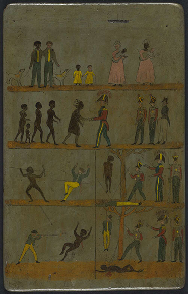 A poster without text showing in muted colours six scenarios. The first two are of European and Aboriginal men, women and children mingling amicably. The last four show that if an Aboriginal man spears a European he will be hanged, and that if a European man shoots an Aboriginal he too will be hanged