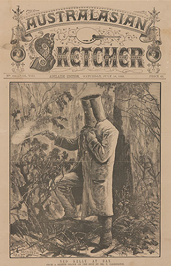 newspaper with elaborate masthead. There is no text; just the woodcut image of Kelly firing his revolver