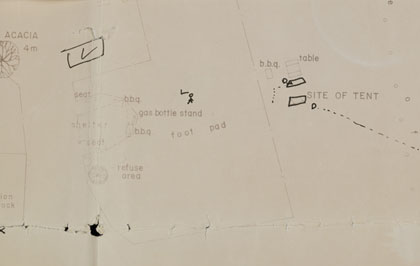Map with typed campsite details, including 'bbq' and 'site of tent', with hand drawn figure and tent image.