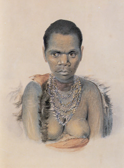 A detailed illustration of an Indigenous woman. She is wearing a cloak of fur and orange fabric and a necklace made of shells looped five times around her neck.