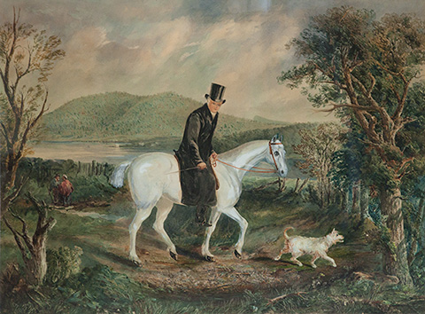Painting of Reverend Robert Knopwood riding a white horse and accompanied by a white dog.
