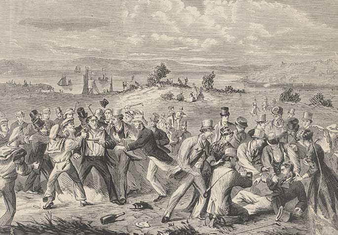 an etching of a crowd scene surrounding an injured person and a gun-wielding man.