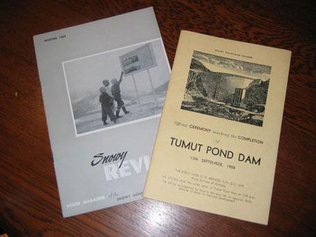 Covers of two publications. Left: Snowy Review, House Magazine of the Snowy Mountains, Winter 1963. Right: Official ceremony marking the completion of Tumut Pond Dam, 13th September, 1958.