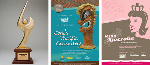 From left to right: Individual images of the award for the Best Major Tourist Attraction and the posters showing the marketing concepts for the Cook's Pacific Encounters and Miss Australia exhibitions.