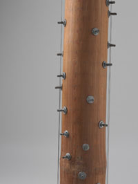 A section of bamboo tube with metal screws and guitar strings attached.
