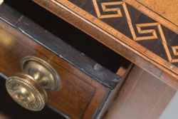 Detail showing part of First Fleet table drawer and two-tone tulipwood inlay.