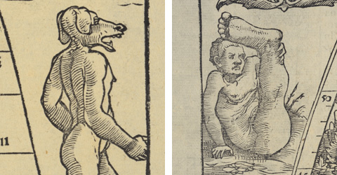 Map details of monster images showing a human man'sbody with the head of a dog; and a seated man with one leg and a giant foot extended upwards.