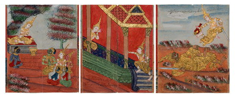 Three panels with richly coloured and detailed illustrations.