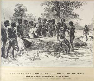 Illustration of John Batman signing a treaty with Aboriginal people.