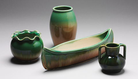 Assortment of green and fawn glazed Waverley ware vases produced between 1925 and 1950.