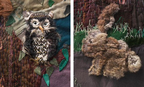 Detail from the Little Red Riding Hood wall-haning depicting an owl and rabbit made fur and a variety of other fabrics including felt.