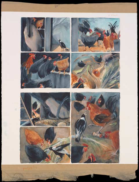 A painting, divided into seven panels, depicting chickens and a magpie feeding.