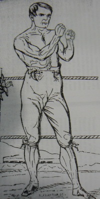 Sketch of William Sparkes with his fists raised in a fighting pose.