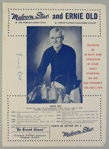 Blue and white poster with a central image of a man on a bike.