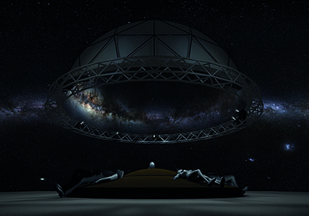 Graphic showing human figures lying on a central cushion and looking up into a large, dark dome.