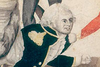 Rum Rebellion crude colour picture of Bligh being dragged from under a bed by a soldier with a rifle while another soldier and an officer look on.