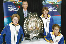 David Gallop and ACT school boy Rugby League players with the historic Royal Agricultural Society Challenge Shield.
