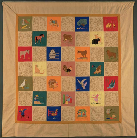Quilt made from alternate quilted and embroidered squres depicting scenes of farm living and animals in the squares.